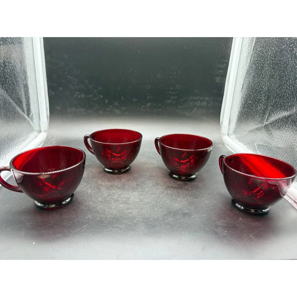 Vintage Anchor Hocking Royal Ruby Red Glass Tea Cups & Square Saucers Set of 10